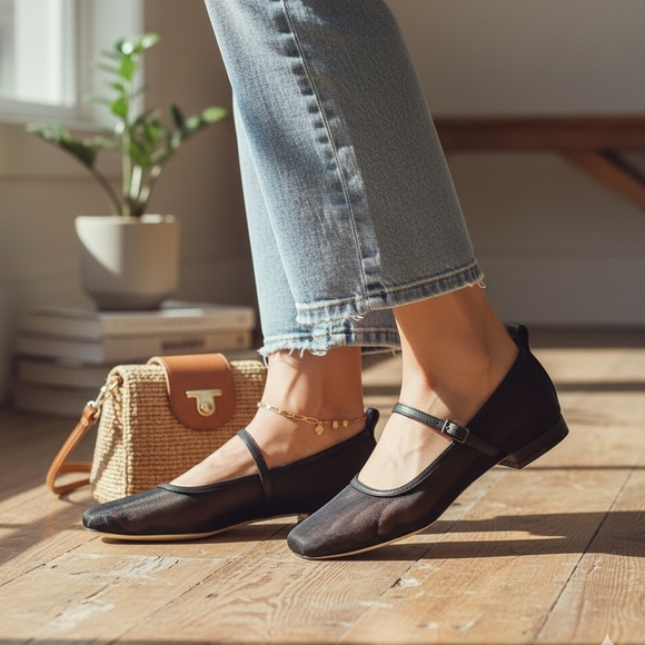 Deltan Shoes - Deltan Women's Black Mesh Mary Jane Dress Flats Size 9